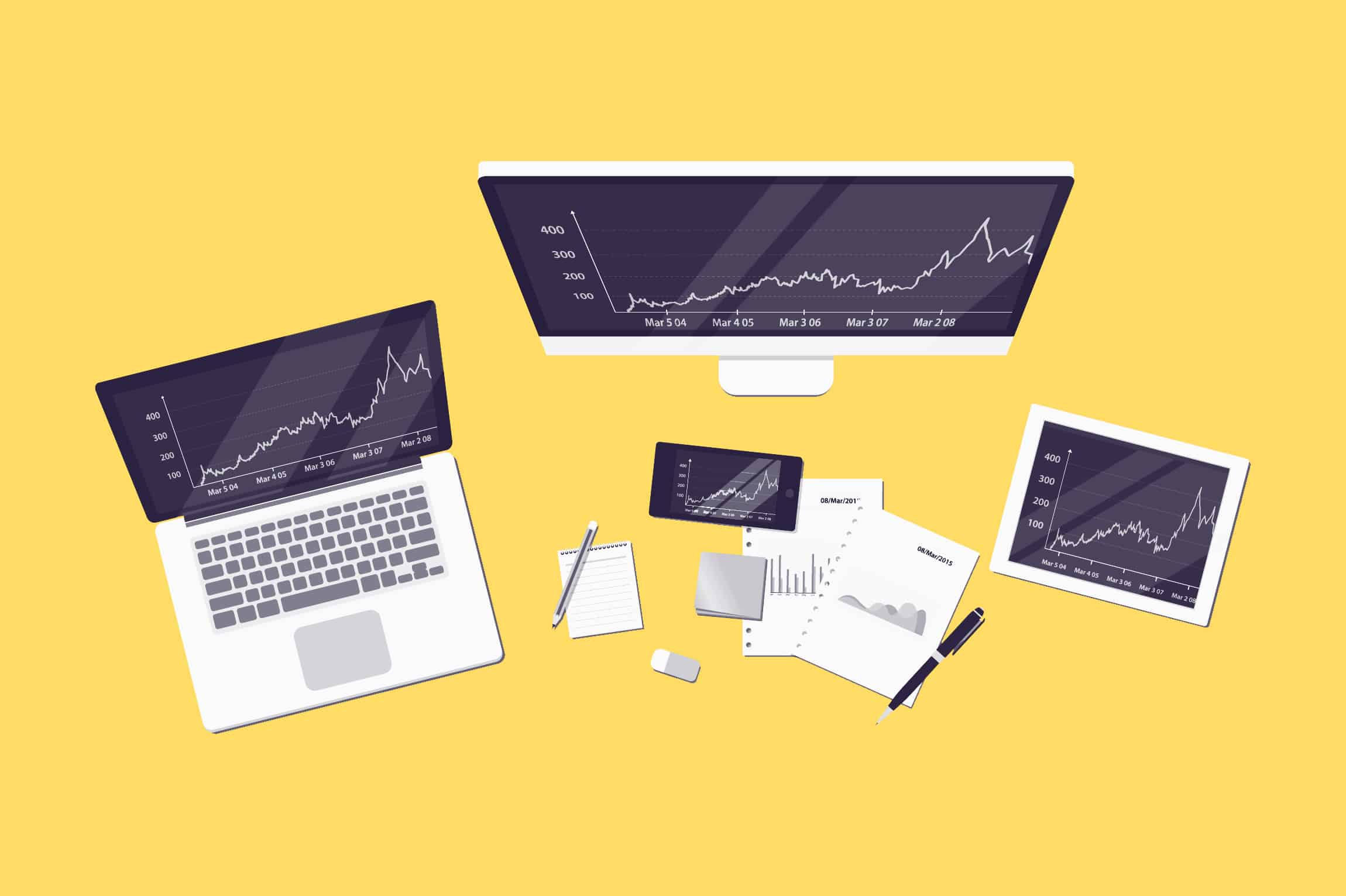 Computer screen with graphs on a yellow background