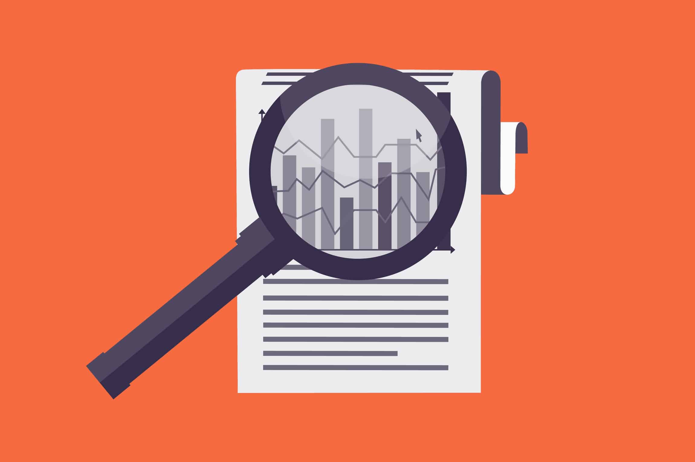 A business report with magnifying glass on it on an orange background