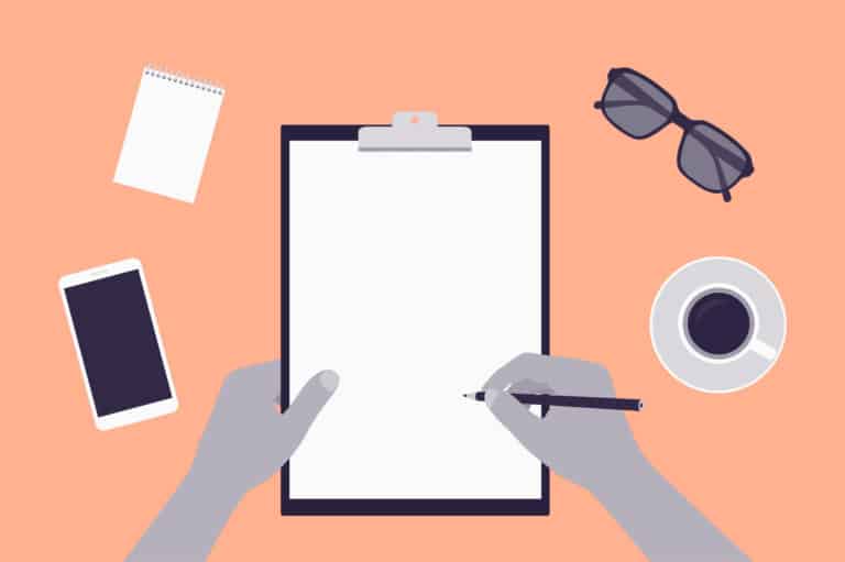 A person writing a report on a peach-colored background