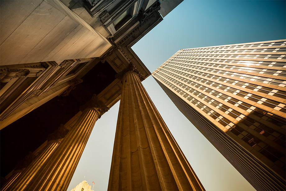 A view of building pillars from below