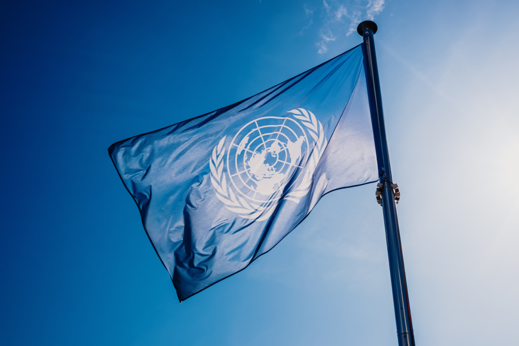 United Nations flag blowing in the wind