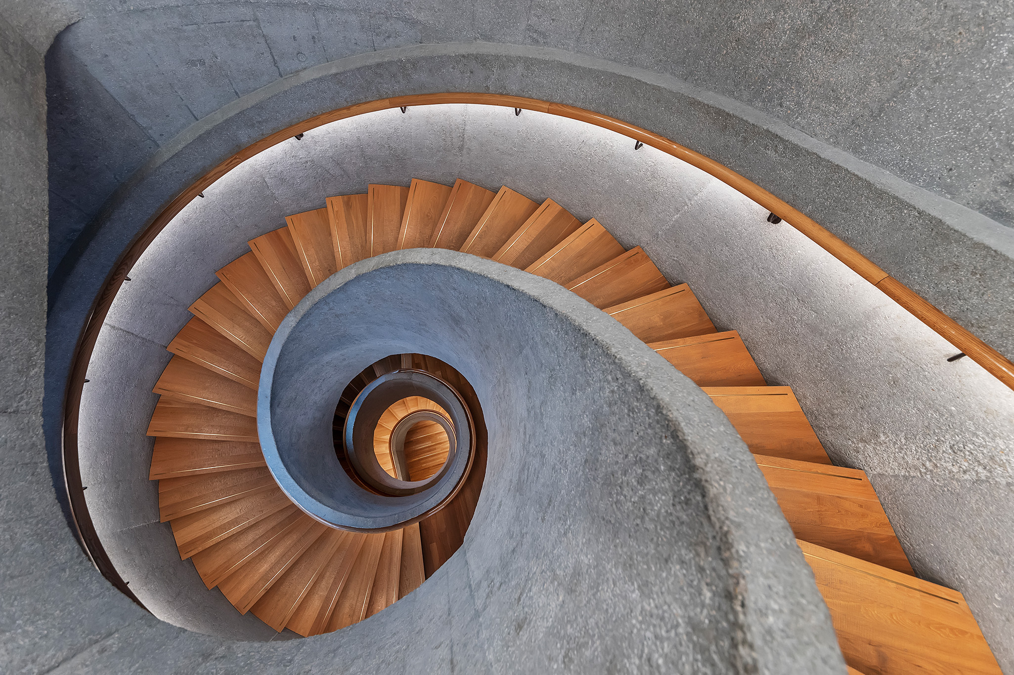 A wooden spiral staircase