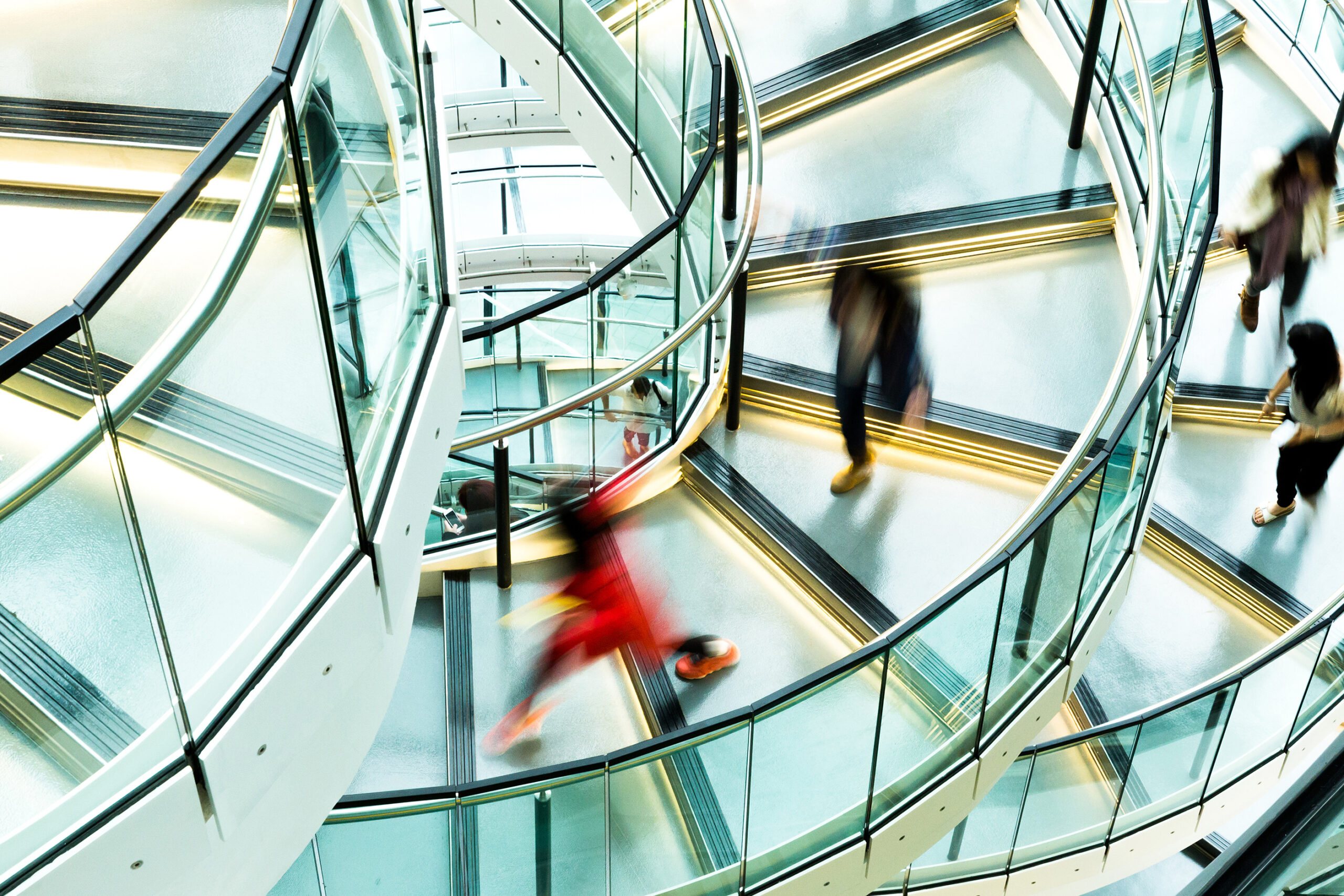 A glass spiral staircase