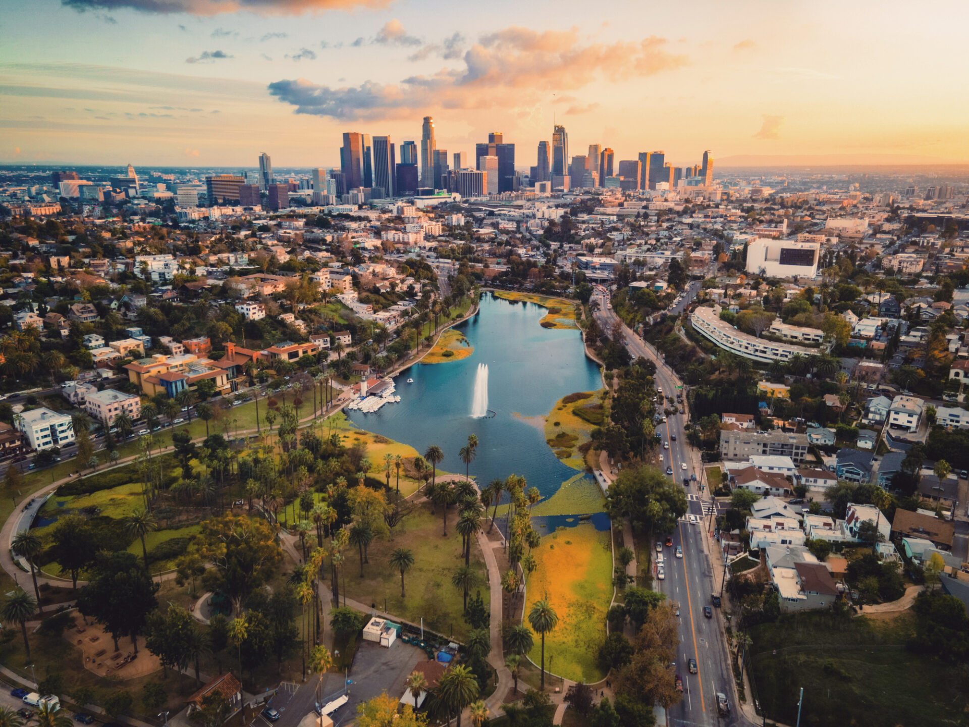 Drone photograph of Los Angeles at sunset