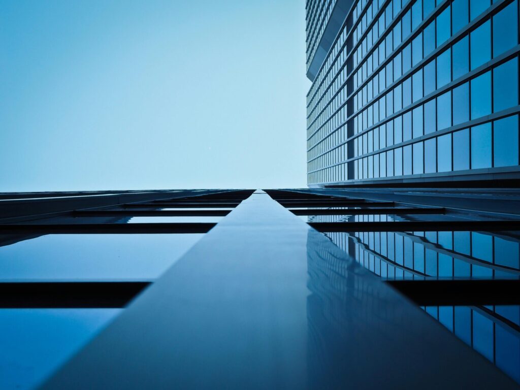 reflective buildings against the sky