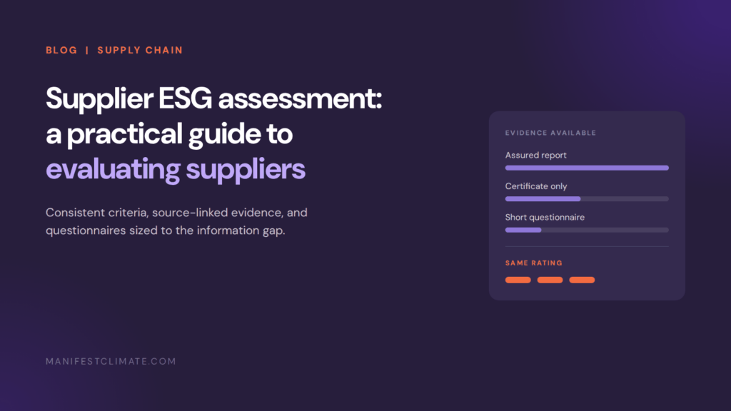 Blog cover graphic: supplier ESG assessment, showing three suppliers with the same rating supported by an assured report, a certificate, and a short questionnaire